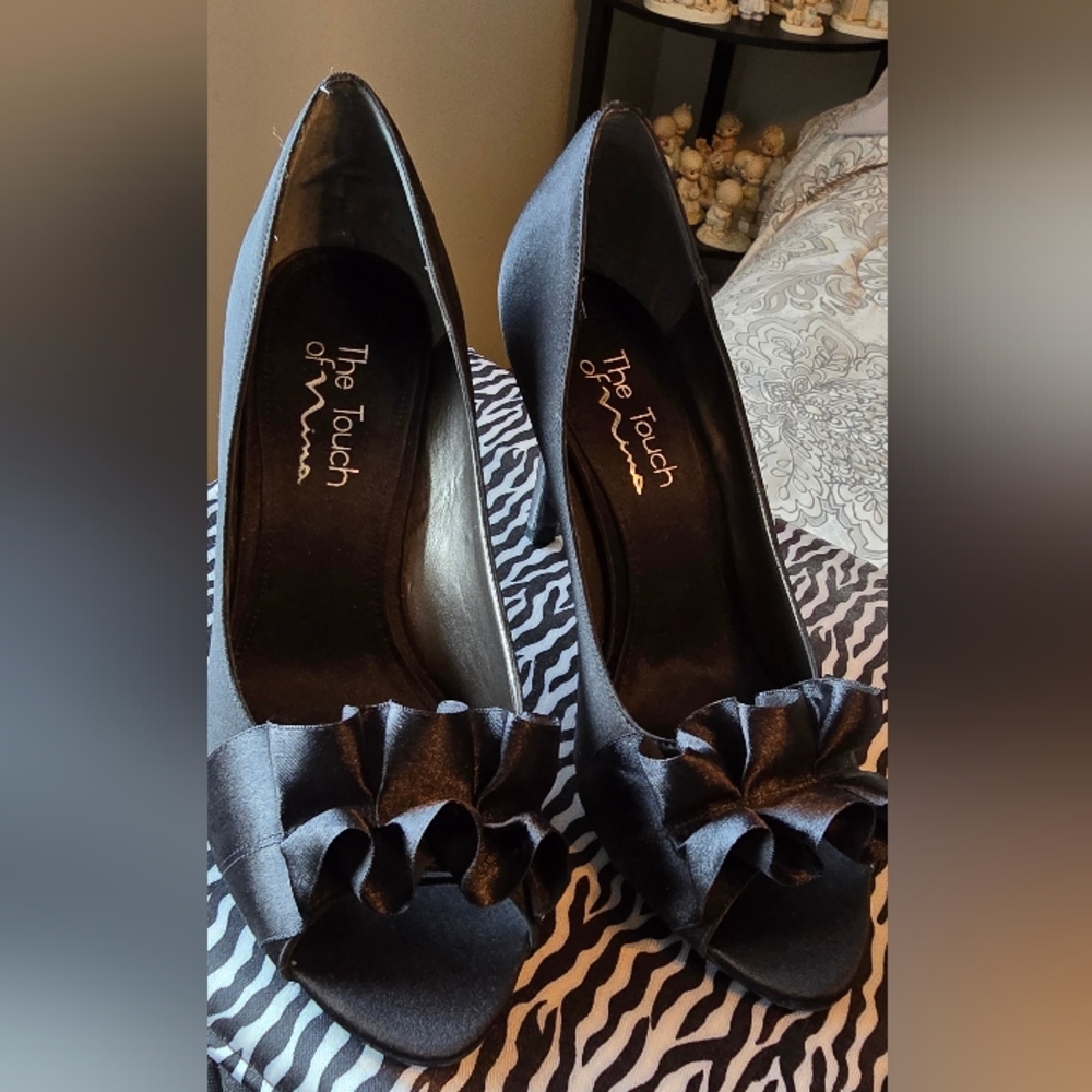 Touch of Nina Black Satin Peep-Toe Ruffle Heels